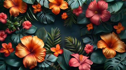 Vibrant Tropical Floral Arrangement with Lush Foliage and Blooming Flowers