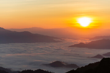 Mountain valley during sunrise. Natural summer landscape