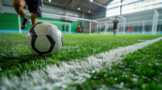 soccer ball on artificial bright and dark green grass at public outdoor football or futsal stadium AI generated