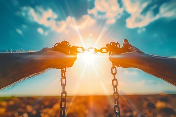 A powerful image of hands breaking chains under the radiant sun, symbolizing the triumph of freedom over oppression. - Powered by Adobe