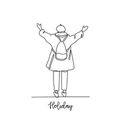 One continuous line drawing of It's summer holiday vector illustration. All about summer activity, things, transport, beach, food and games design in simple linear continuous style vector concept. 