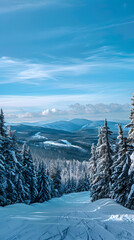 Captivating Winter Landscape with Groomed XC Skiing Trail Amidst Snow-Covered Pines And Mountain Range
