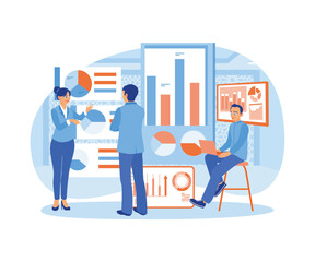 The office worker is studying infographic data. The female manager explains infographic data to colleagues. Data analyst concept. Flat vector illustration.