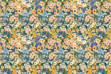 Seamless pattern with colorful floral arrangement on a green background