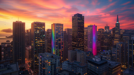 A cityscape at sunset with buildings illuminated in pride rainbow colors