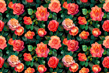 Lush roses in shades of red, orange, and peach with green leaves on a black background create a vibrant, seamless pattern perfect for decorative use and elegant designs
