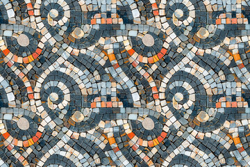 Intricate mosaic pattern with colorful tiles arranged in swirling, geometric shapes creating a seamless and artistic tile design perfect for decoration and ornamental purposes
