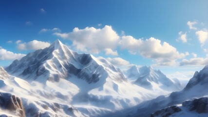 A breathtaking view of a snow-covered mountain range under a clear blue sky, captured in HD
