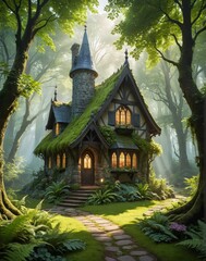 Fototapeta premium Gothic Fairy-Tale Cottage Nestled in an Ancient Lush Forest