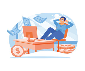 Passive income. Man working from home relaxing and earning money. Earning money concept. Flat vector illustration.