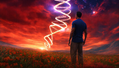 This is an image of a person standing in a field of red flowers, watching a glowing double-helix rise into the sky.