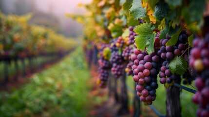 Lush grape vineyard with vibrant clusters of ripe grapes hanging from the vine, surrounded by greenery on a misty day.