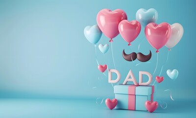 3D rendering of happy Father's Day banner with word DAD and heart shaped balloons flying out from gift box on light blue background, copy space