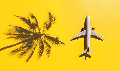 Model plane, airplane with coconut leaf on yellow color background. Tropical Model Plane on Yellow Background. 
Coconut Leaf Airplane on Vibrant Yellow