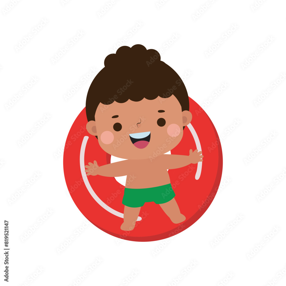 Wall mural cute kid in swimsuit floating on rubber ring on inflatable in top view, swimming pool party, cartoon