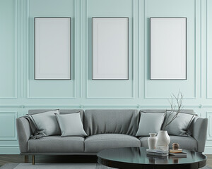 Contemporary interior featuring four blank frames on a pale aqua wall, grey tweed sofa, and a high-gloss black table.