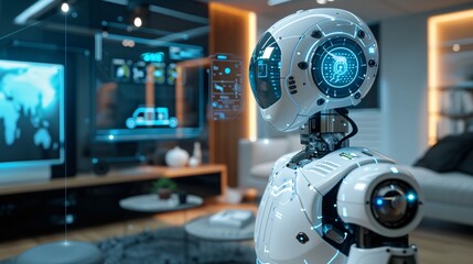 AI robots assisting elderly individuals in a smart home equipped with voice-controlled electrical appliances and holographic interfaces.