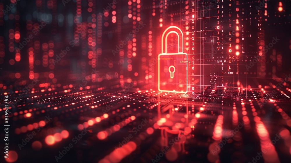Wall mural cybersecurity concept with a digital padlock and data encryption