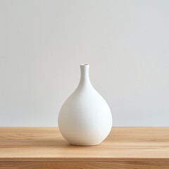 Blank mock up of a modern ceramic vase on a wooden table against a plain white background, ideal for product display and branding