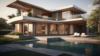 Fototapeta premium Architecture modern house with outdoor luxury property, Exterior 3D building design illustration