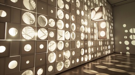 A complex geometric installation of overlapping squares and circles, creating a stunning pattern of light and shadow on a museum wall. 32k, full ultra hd, high resolution
