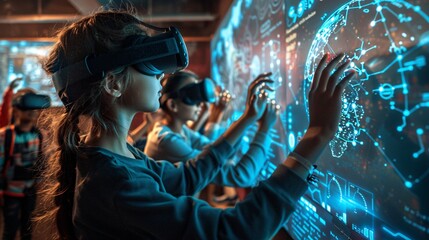 Students in a futuristic classroom using holographic displays and virtual reality headsets to explore historical events and scientific concepts, engaging in immersive learning activities.
