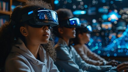 Students in a futuristic classroom using holographic displays and virtual reality headsets to explore historical events and scientific concepts, engaging in immersive learning activities.