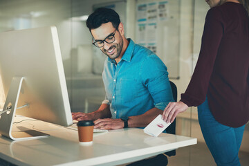 Businessman, smile and love note in office with coworker for romantic message, lipstick and secret affair. Professional, employees and letter with kiss for relationship, flirting and valentines day