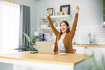 Funny euphoric young asian woman celebrating winning or getting ecommerce shopping offer on...