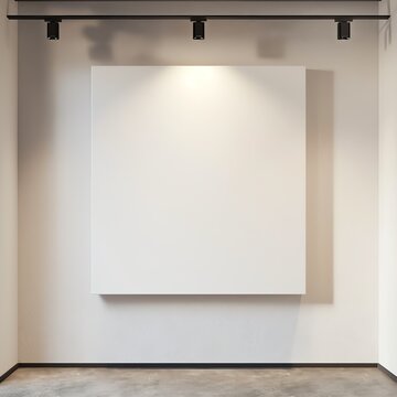 Blank mock up of a square art canvas on a clean gallery wall with spotlight, allowing for artistic displays or graphic showcases
