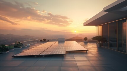 Modern Rooftop with Solar Panels at Sunrise