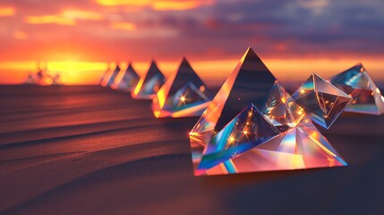 A dynamic scene of several glass pyramids reflecting and refracting the colors of a sunset, set on...