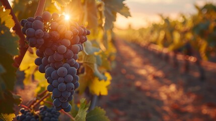 Sunset over a vineyard with ripe grapes hanging from the vines, ready for harvest and wine production in a picturesque setting.