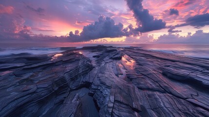 The sky is a beautiful mix of pink and purple hues, creating a serene