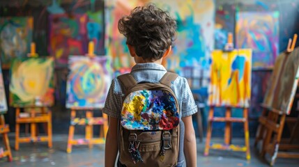 Obraz premium Young Artist with Backpack Carrying Art Supplies in Colorful Studio Setting