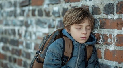 Exhausted Schoolboy Leaning Against Textured School Wall with Heavy Backpack - Concept of Overwhelmed Student Taking a Break