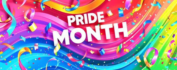 Celebrate Pride Month with Vibrant Abstract Background of Fluid Rainbow Colors and Bold Typography, Sparkling Confetti, and Colorful Streamers