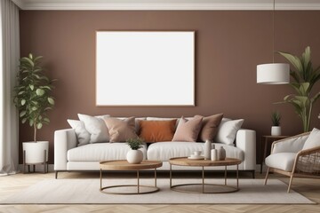 home interior with decoration, living room in brown warm color, blank white poster frame