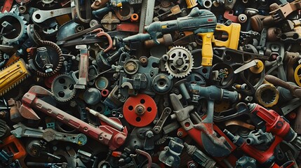 Assorted Mechanical Parts and Tools on a Cluttered Workbench