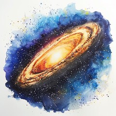 Fototapeta premium Depict the Andromeda galaxy from a front view using watercolors, highlighting the theme of space exploration with a complementary color scheme