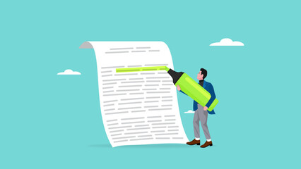 highlighter pen, mark notes or important information on business, businessman marks important notes with highlighter pen to make searching easier