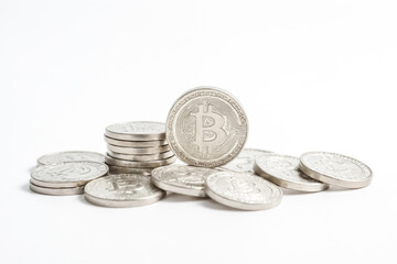 Silver Bitcoin Coins Stacked on White Background