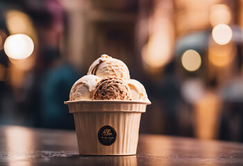A cup filled with multiple scoops of ice cream in various flavors, placed on a table with a blurred background of lights and colors. Ice Cream Month.