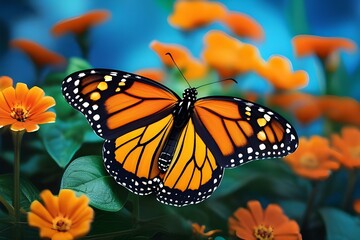 Naklejka premium Monarch orange butterfly and bright summer flowers on a background of blue foliage in a fairy garden. Macro artistic image.