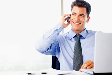 Happy, businessman and phone call with laptop in office for project feedback and communication....