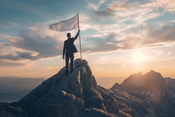 business person holding flag on top of the mountain peak in generative ai