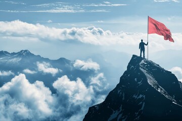 business person holding flag on top of the mountain peak in generative ai