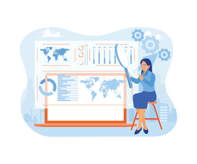 Woman analyzes graphic data globally. Create marketing research to achieve business targets. Marketing research concept. Flat vector illustration.