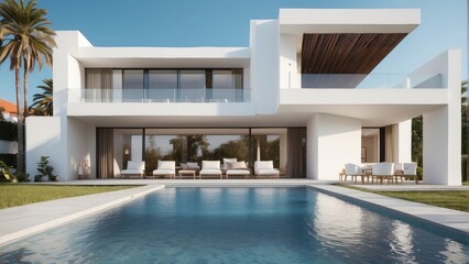 Fototapeta premium Architecture luxurious modern white villa with swimming pool, 3D building design illustration