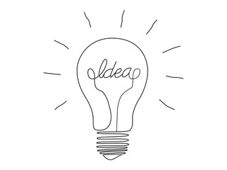 Light bulb with idea in one continuous line drawing. Brainstorm symbol and creative mind concept in simple linear style. Shining lamp with editable stroke. Vector illustration
